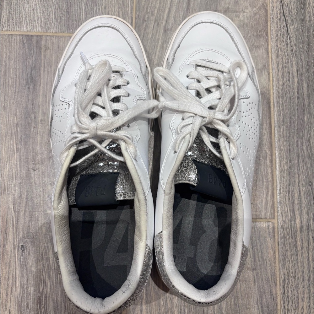 P448 White Leather Sneakers with Silver Metallic Tongue and Heel